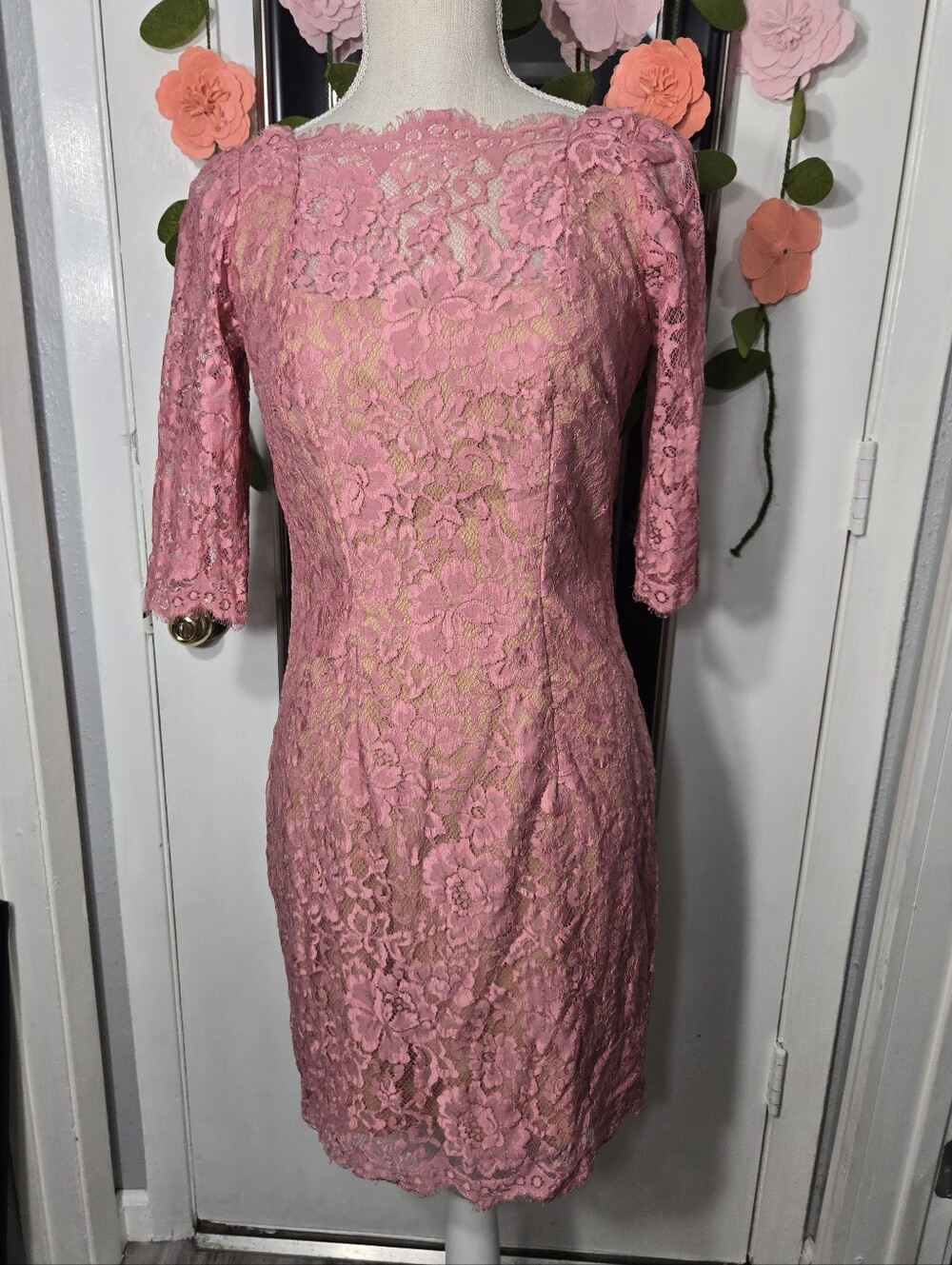 Single Lace Overlay Dress 1/2 Sleeve Sz 4 Pink